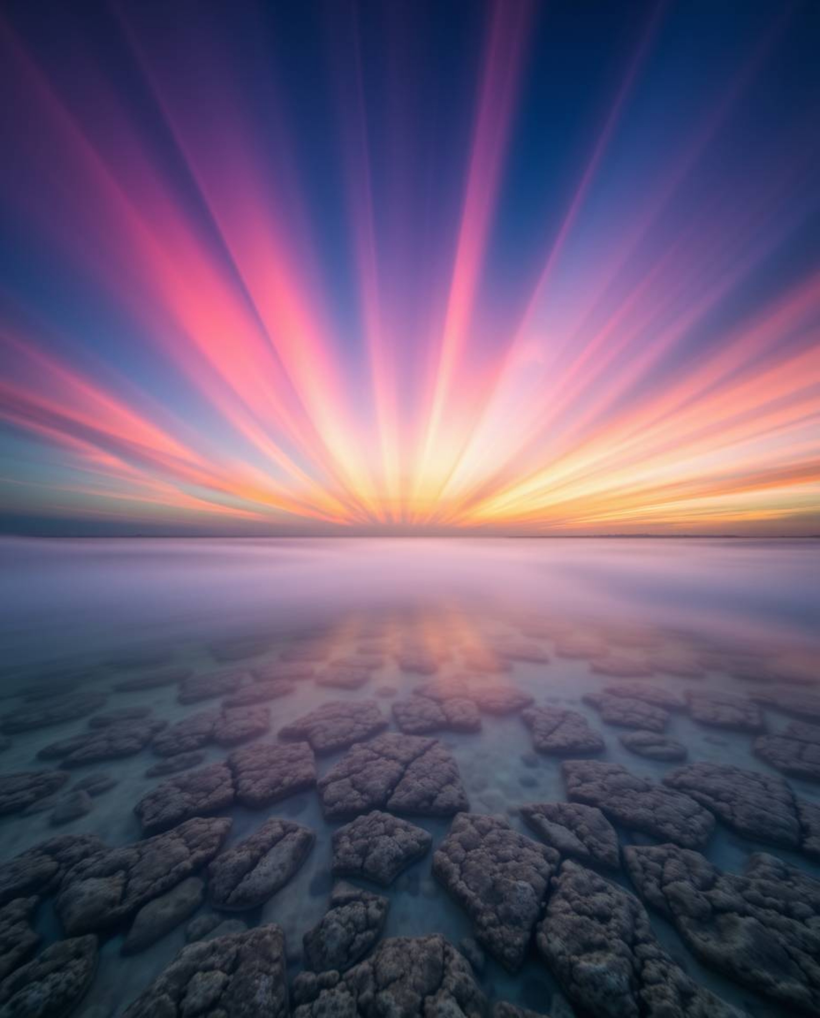 A long exposure photograph captures a colorful sky over a coral reef at low tide, featuring dramatic volumetric lighting. Vis