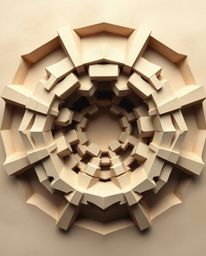 Overhead bird's eye view of a layered papier-mâché creation featuring an Escher-style impossible geometry cube pattern with s