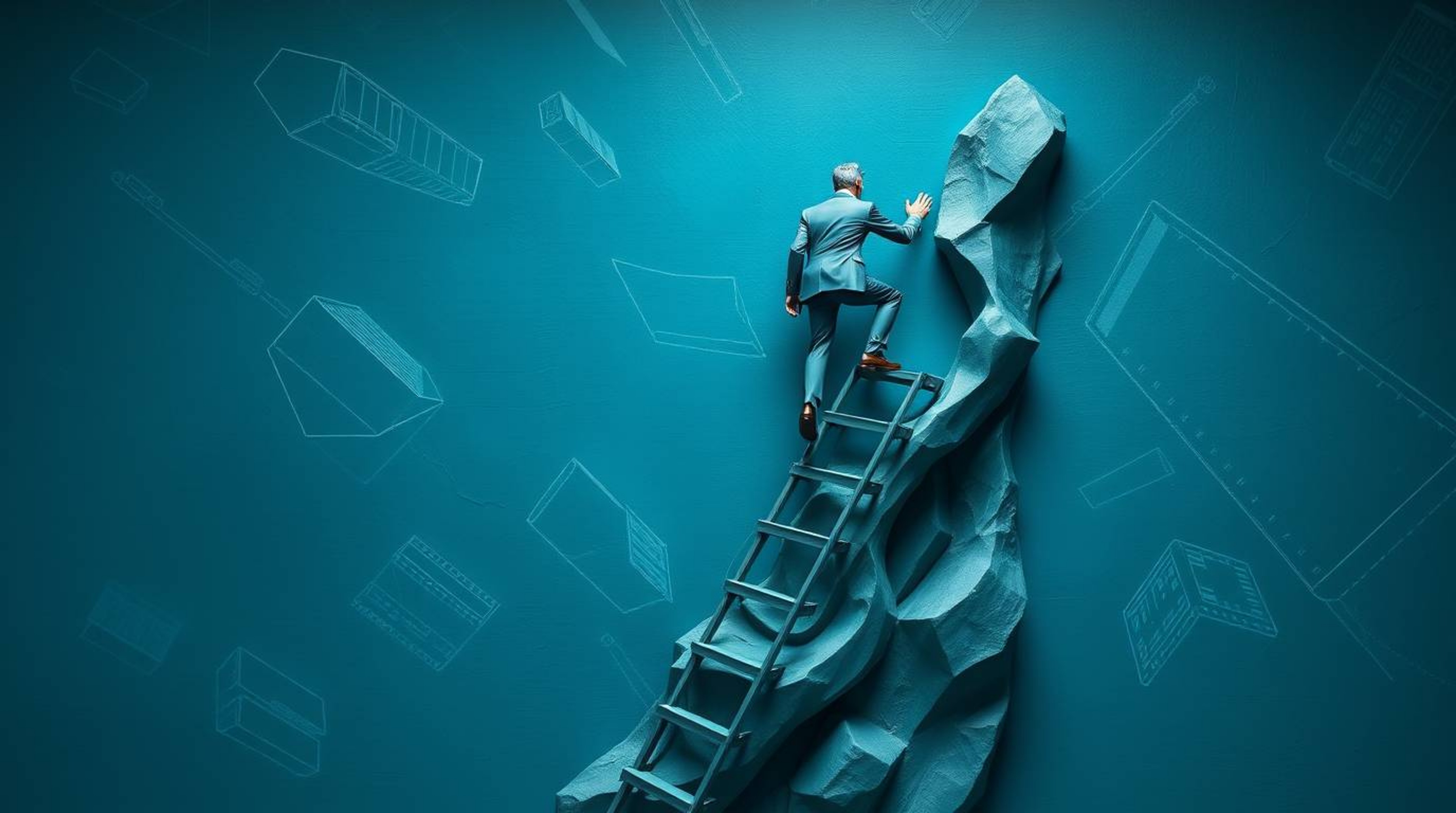 This stunning teal clay sculpture depicts a businessperson climbing a transparent ladder that disappears into a vibrant blue 