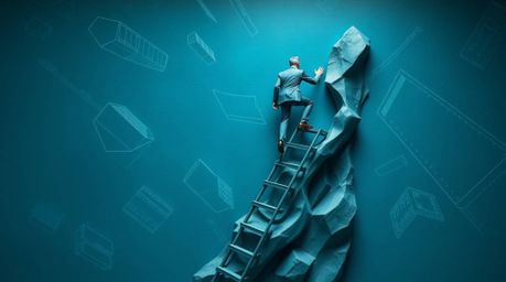 This stunning teal clay sculpture depicts a businessperson climbing a transparent ladder that disappears into a vibrant blue 