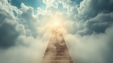 A winding stairway of smoke and light ascends into a vast, cloudy sky, representing a metaphorical journey to the unknown. Th