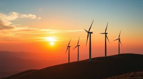 A stunning high-resolution photograph captures a graceful sunset behind a row of wind turbines perched atop a hill. This prof