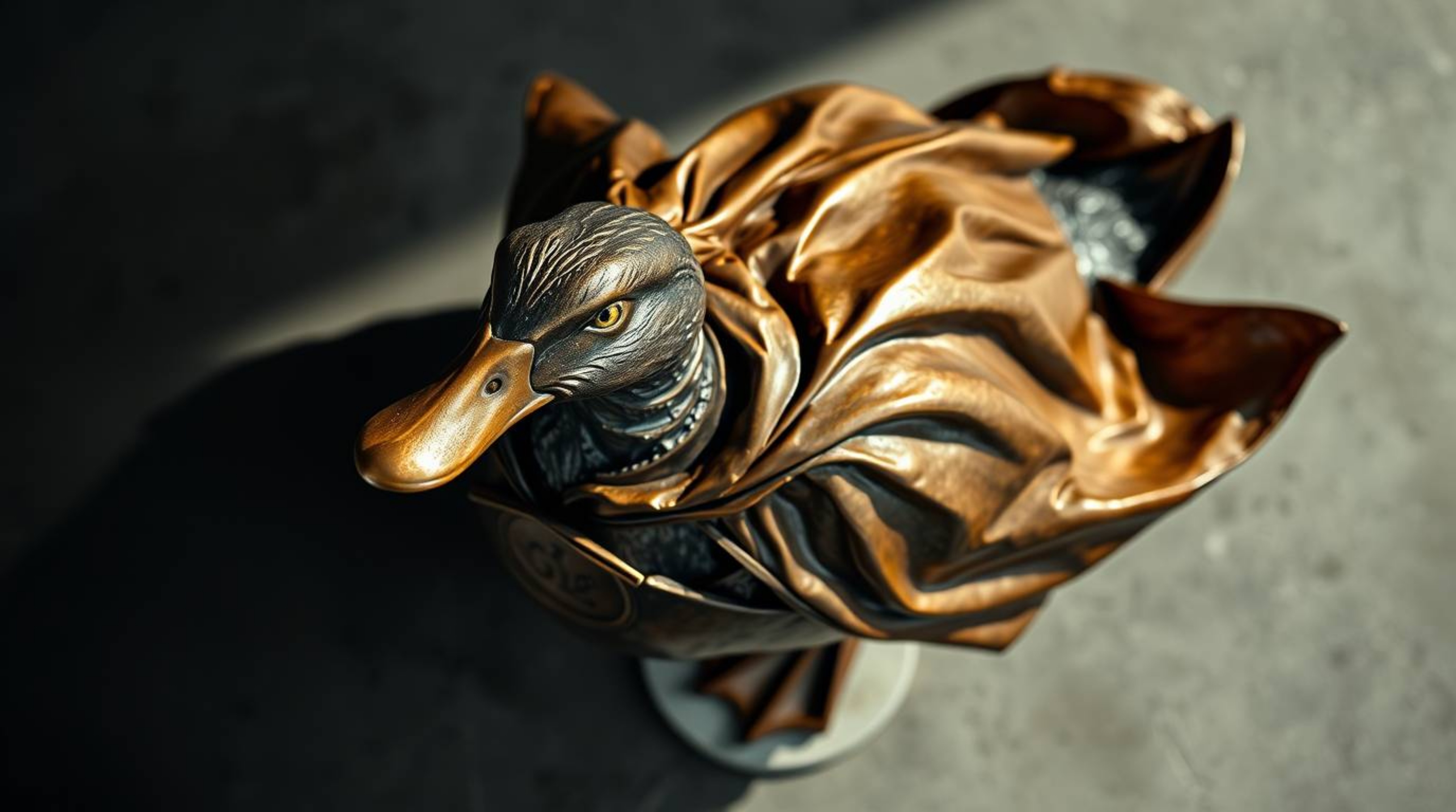 This cast bronze sculpture features a duck in a delightfully zany superhero costume, captured from an overhead bird's-eye vie