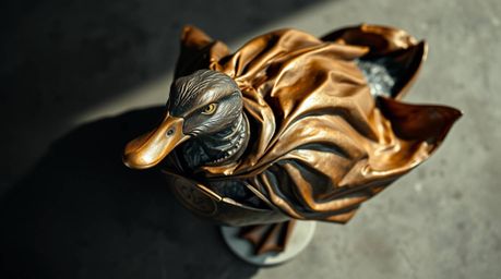 This cast bronze sculpture features a duck in a delightfully zany superhero costume, captured from an overhead bird's-eye vie