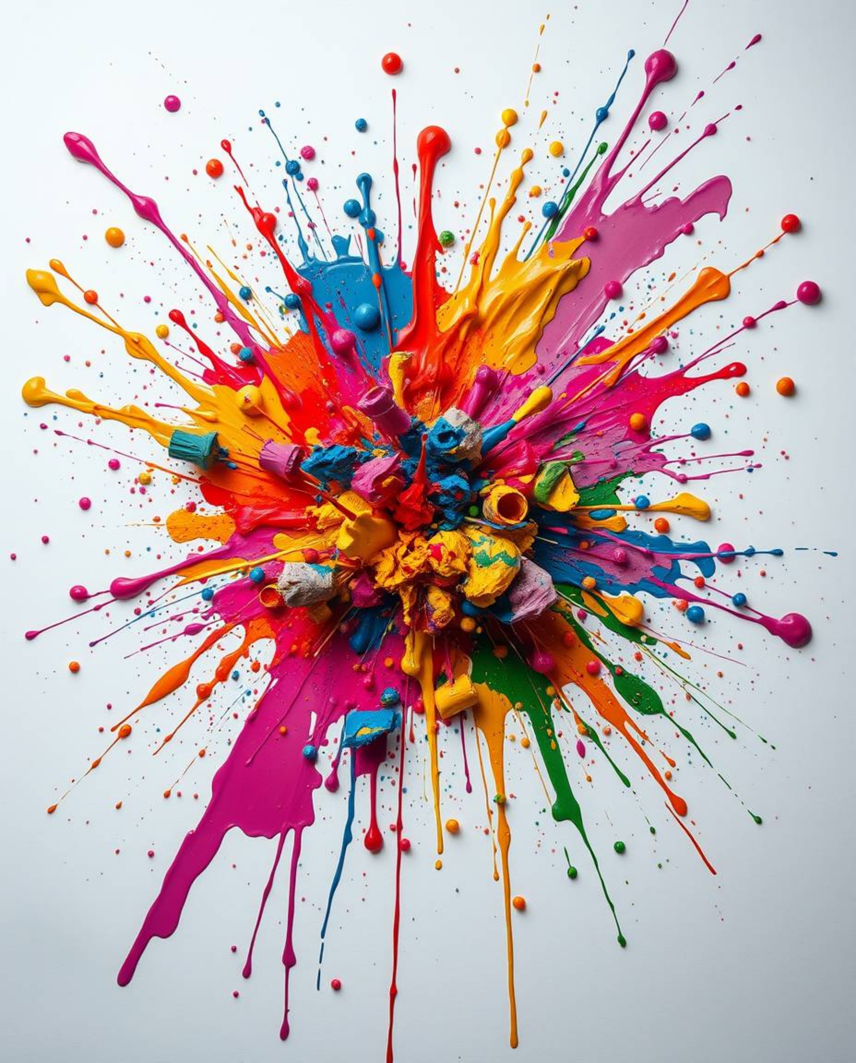 This stunning fine art photograph captures a vibrant explosion of colorful paint splashes against a pristine white canvas. Th