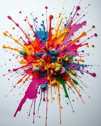 This stunning fine art photograph captures a vibrant explosion of colorful paint splashes against a pristine white canvas. Th