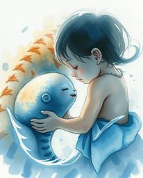A captivating watercolor painting depicts a heartwarming friendship between a child and a sea creature. Rendered in a dramat