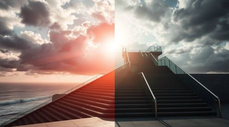 A dramatic staircase emerging from the ocean ascends into a stormy sky illuminated by a divine sunburst, creating an epic and