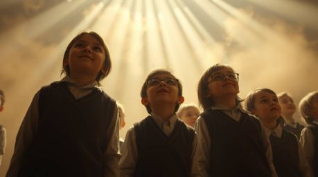 A captivating image showcases quirky children in school uniforms, viewed from a low angle, bathed in dramatic volumetric ligh