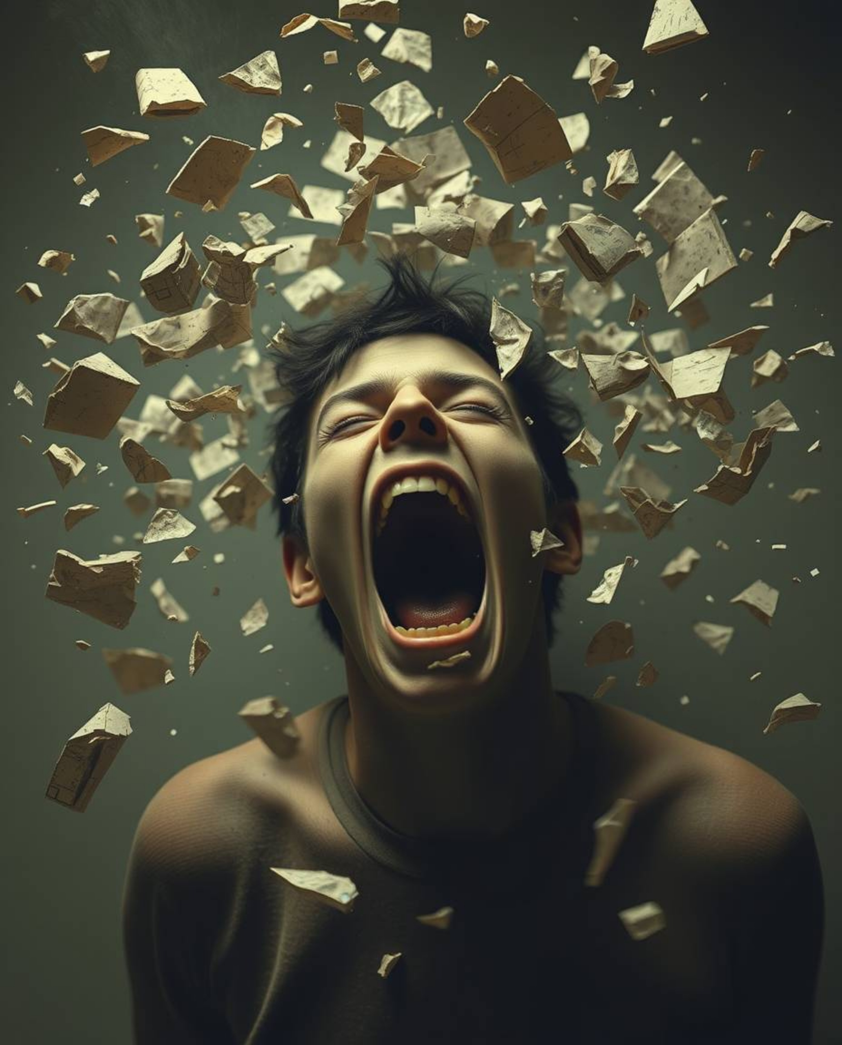 A captivating image depicting a person screaming as their world disintegrates into a pixelated, papier-mâché landscape.  The 
