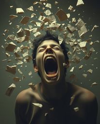 A captivating image depicting a person screaming as their world disintegrates into a pixelated, papier-mâché landscape.  The 