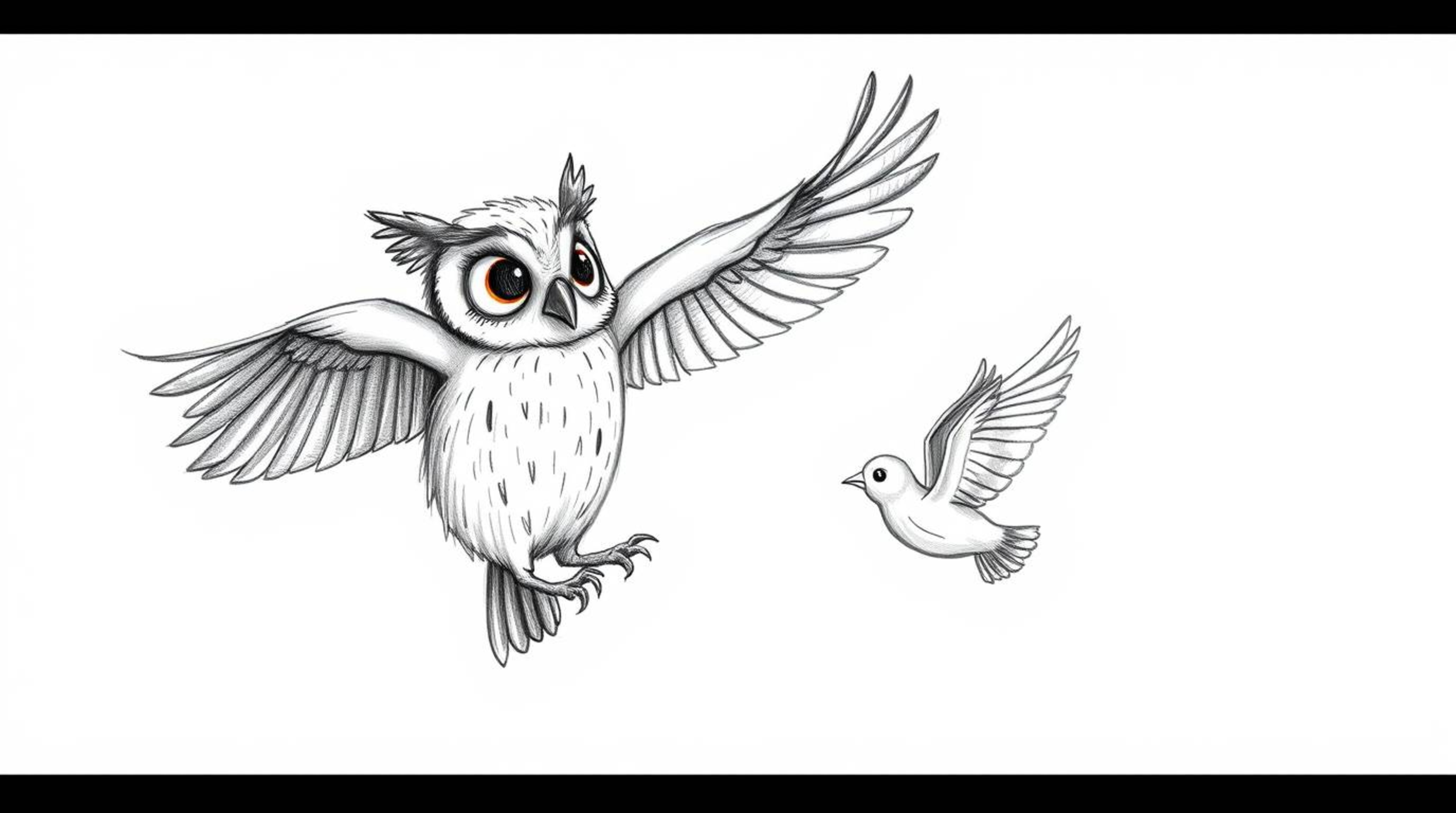 A Pixar-style, hand-drawn sketch depicts a blind owl with textured pencil strokes, guiding birds in flight. The composition