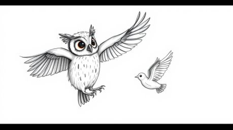 A Pixar-style, hand-drawn sketch depicts a blind owl with textured pencil strokes, guiding birds in flight.  The composition 