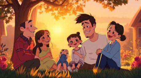 Experience a heartwarming family reunion brought to life in a stunning Pixar-style illustration. Bathed in the warm, golden g
