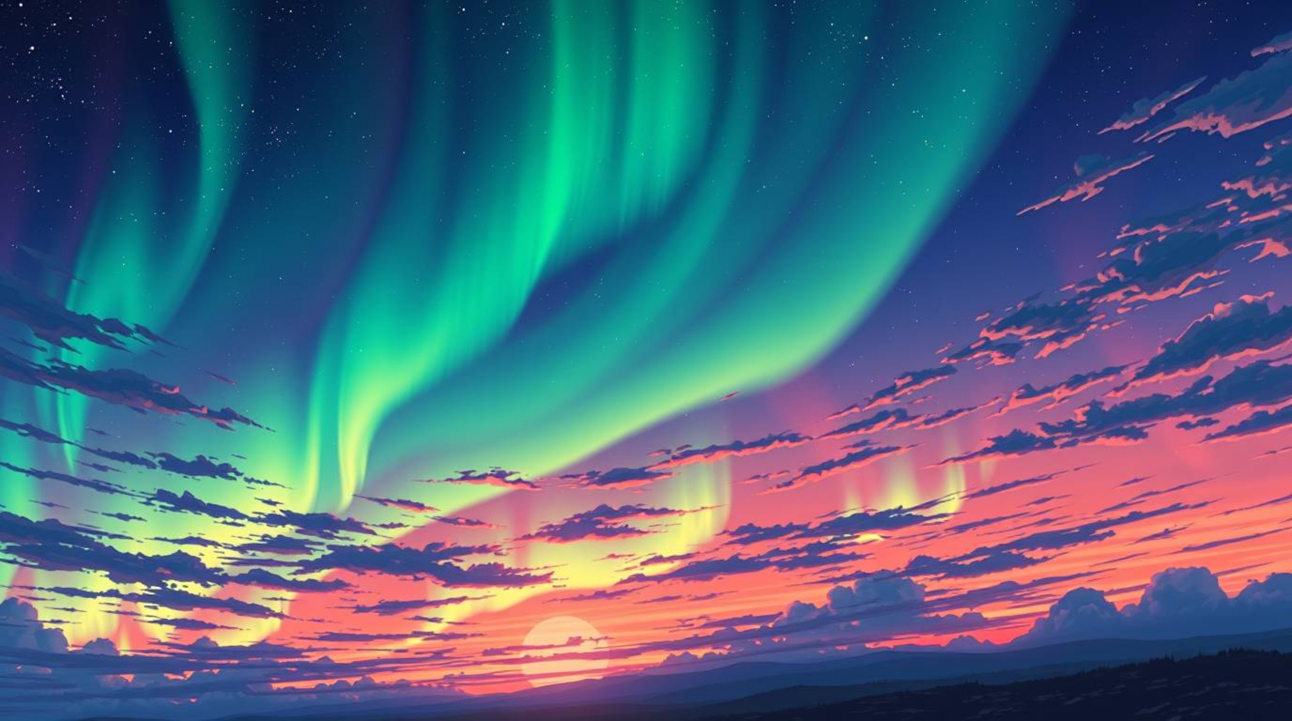 A captivating isekai anime-style artwork featuring a vibrant sunset sky illuminated by the magical glow of the northern light