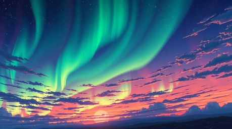 A captivating isekai anime-style artwork featuring a vibrant sunset sky illuminated by the magical glow of the northern light
