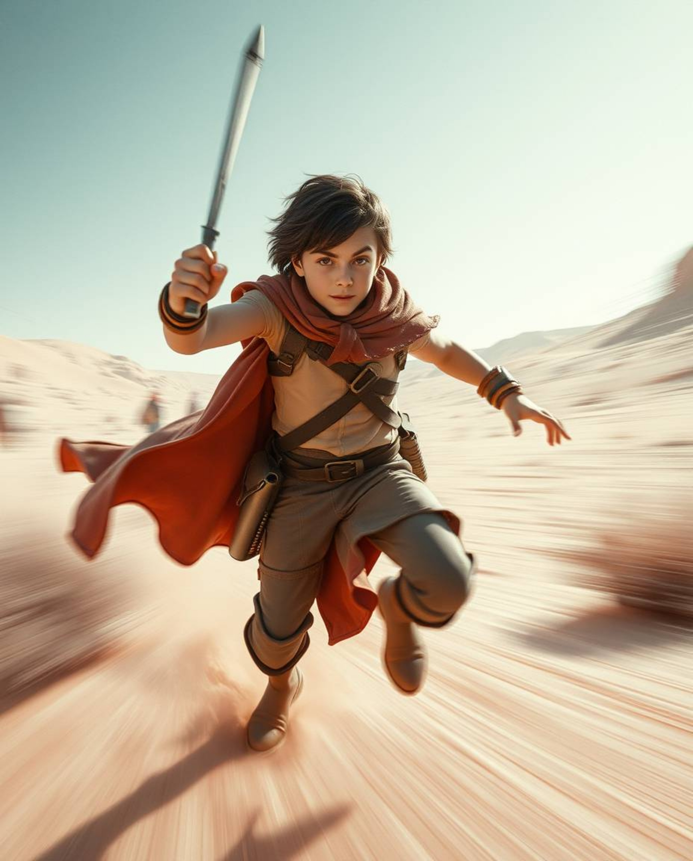 A brave hero embarks on a surreal Disney-style desert adventure, depicted with stunning infrared tones.  The artwork features