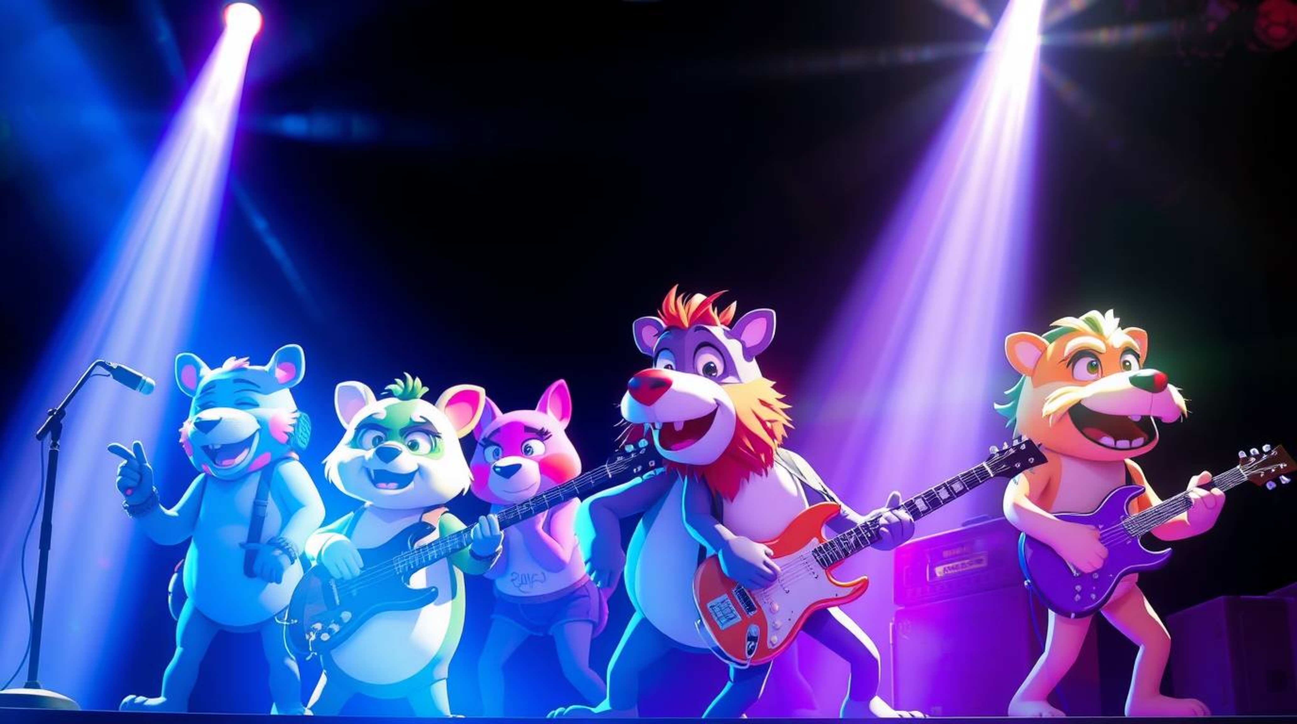 A captivating music video featuring a cartoon band of animals rocking out!  Bathed in bright lens flares and vibrant blues, g