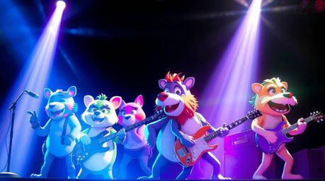 A captivating music video featuring a cartoon band of animals rocking out!  Bathed in bright lens flares and vibrant blues, g