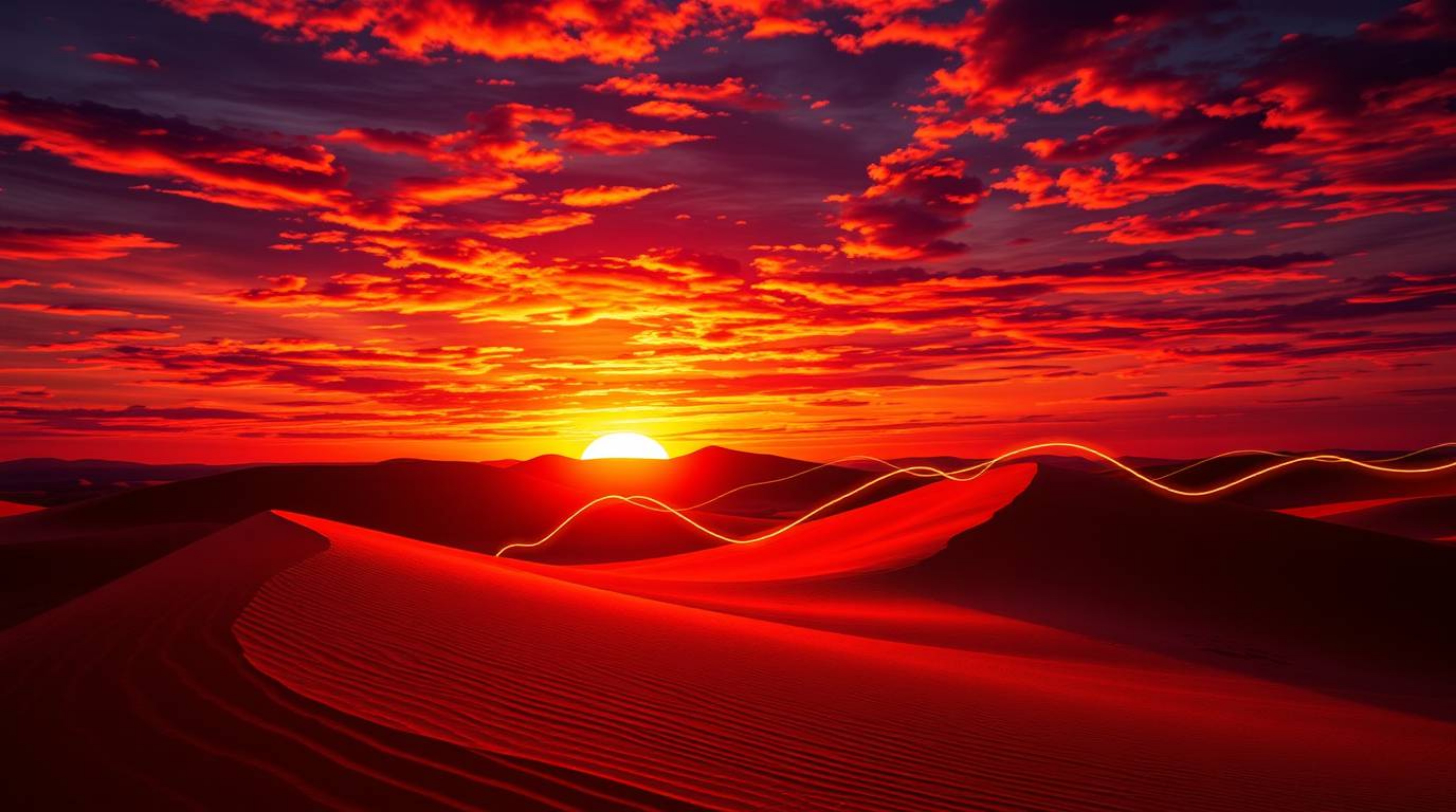 Experience the vibrant energy of a desert sunset reimagined through creative light art. This piece features golden desert dun