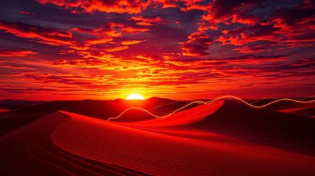 Experience the vibrant energy of a desert sunset reimagined through creative light art. This piece features golden desert dun