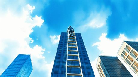 A delicate watercolor painting depicting a businessperson ascending a transparent ladder into a bright blue sky above towerin