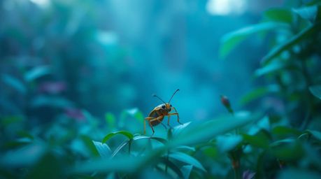 Explore a miniature world with a bug-sized hero as it navigates a backyard jungle bathed in a soft, cinematic haze. The scene