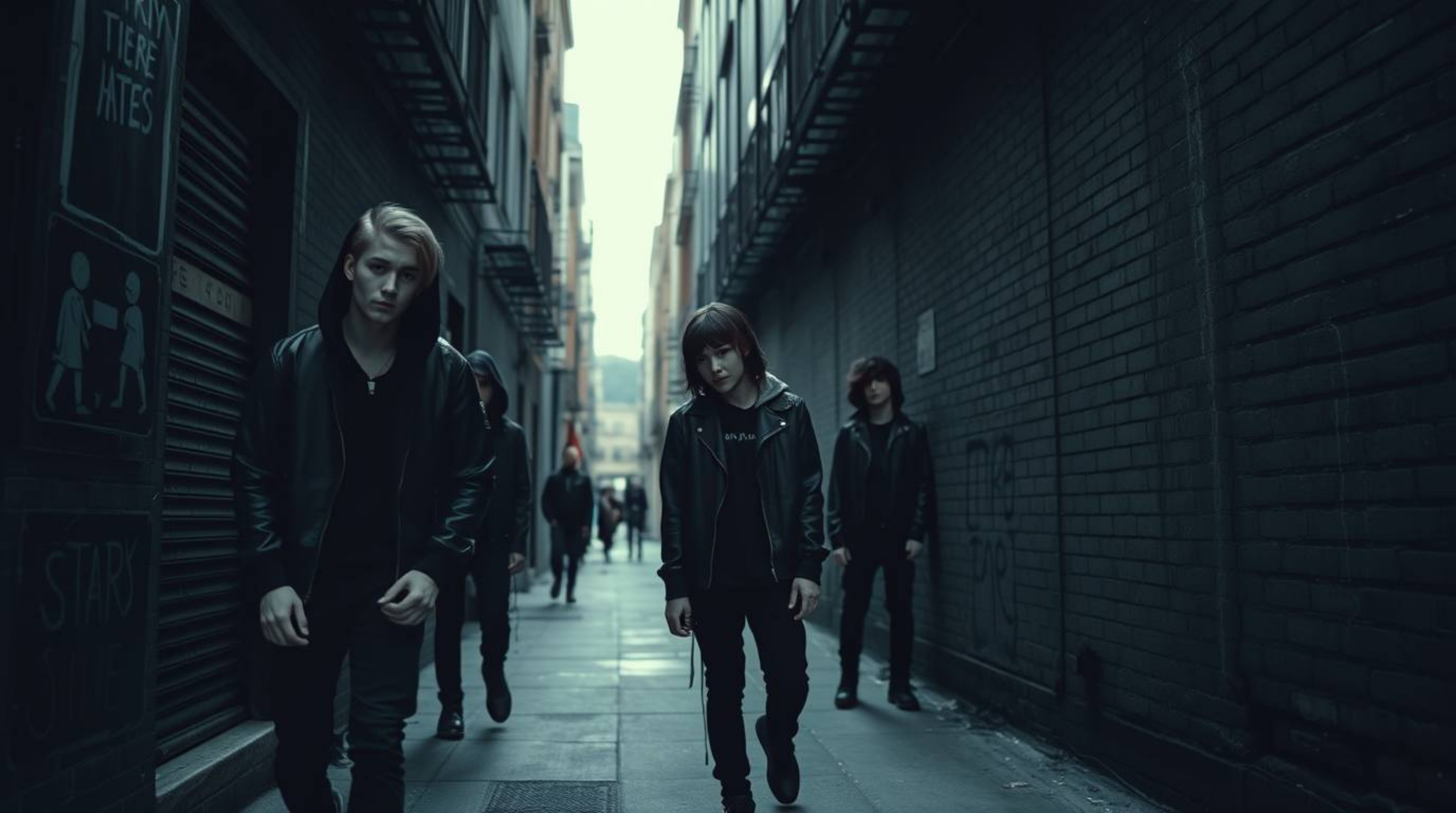 This collection features intense jet black imagery focusing on a grungy city alley populated by rebellious teens in dark clot
