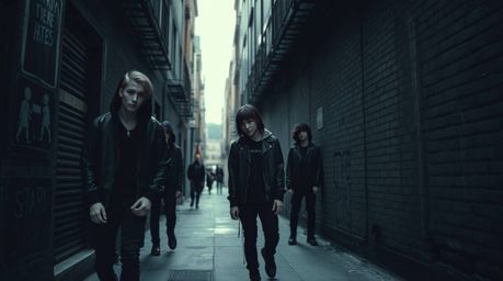 This collection features intense jet black imagery focusing on a grungy city alley populated by rebellious teens in dark clot