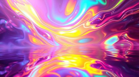 Experience the captivating allure of digital art featuring iridescent colors and neon gradient textures flowing across a liqu