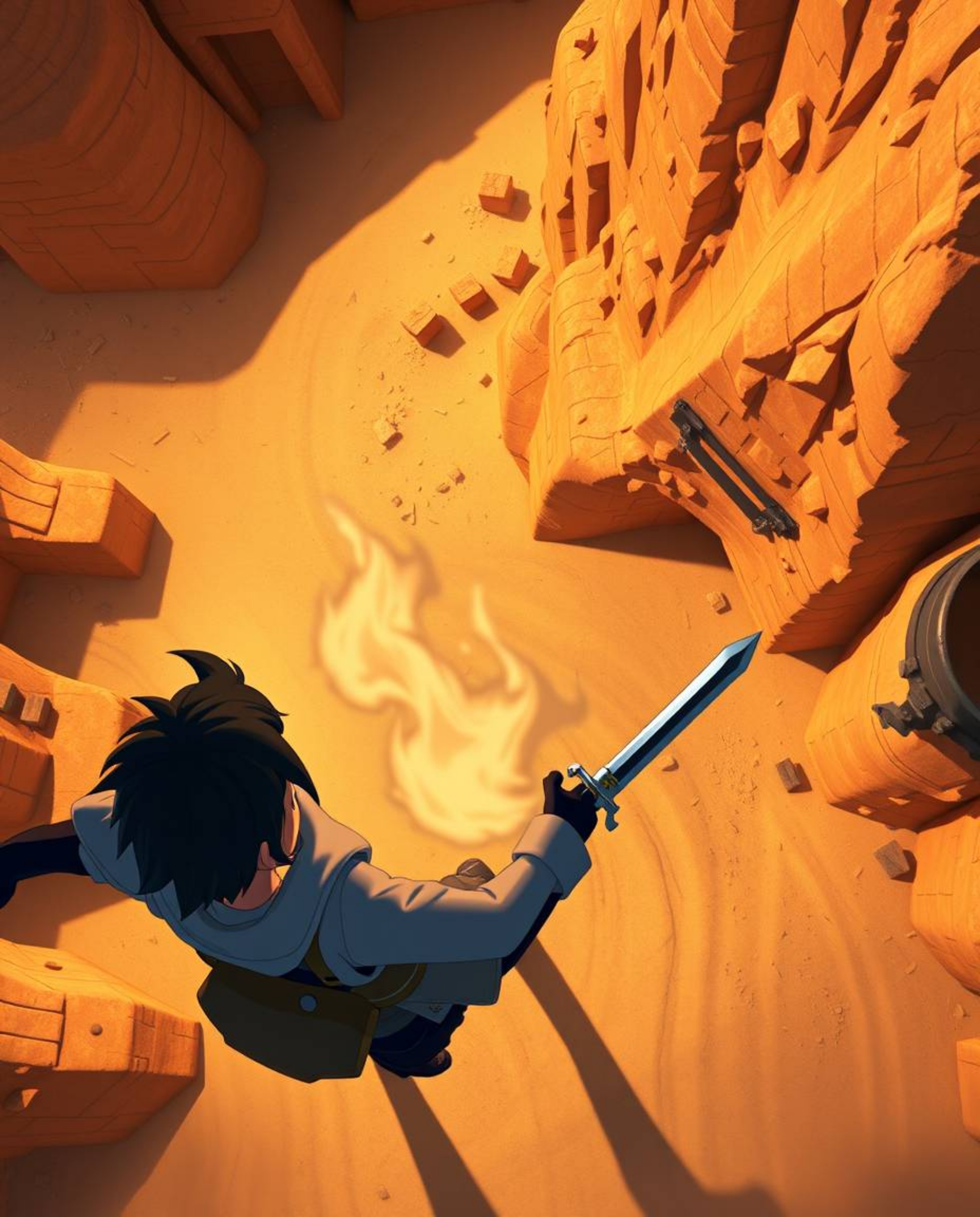 A captivating high-angle shot showcases a brave hero embarking on a thrilling Disney-style desert adventure. The scene is fi
