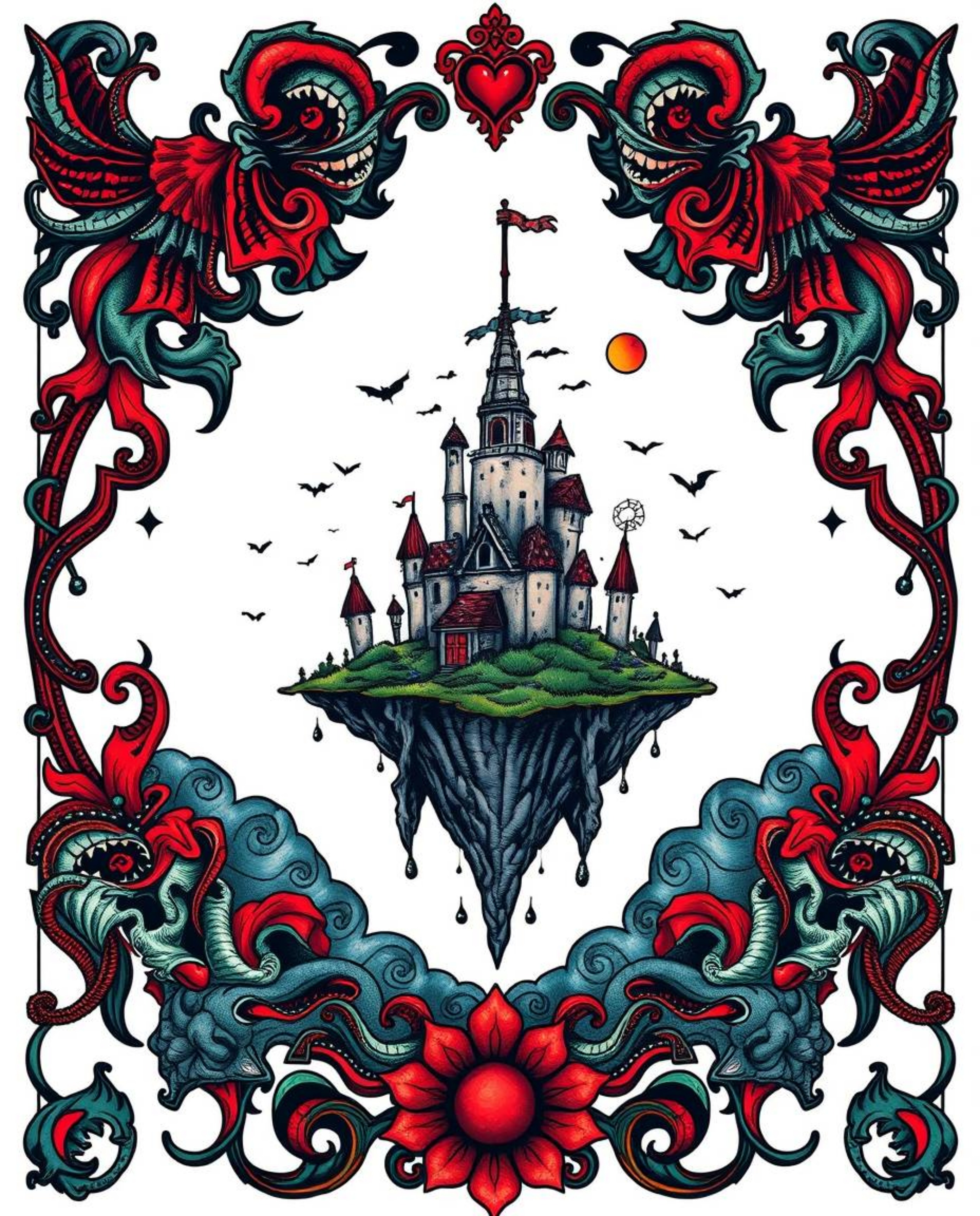 This symbolic traditional tattoo art print features an eerie and creepy surreal floating island rendered with vibrant colors 