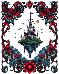 This symbolic traditional tattoo art print features an eerie and creepy surreal floating island rendered with vibrant colors 