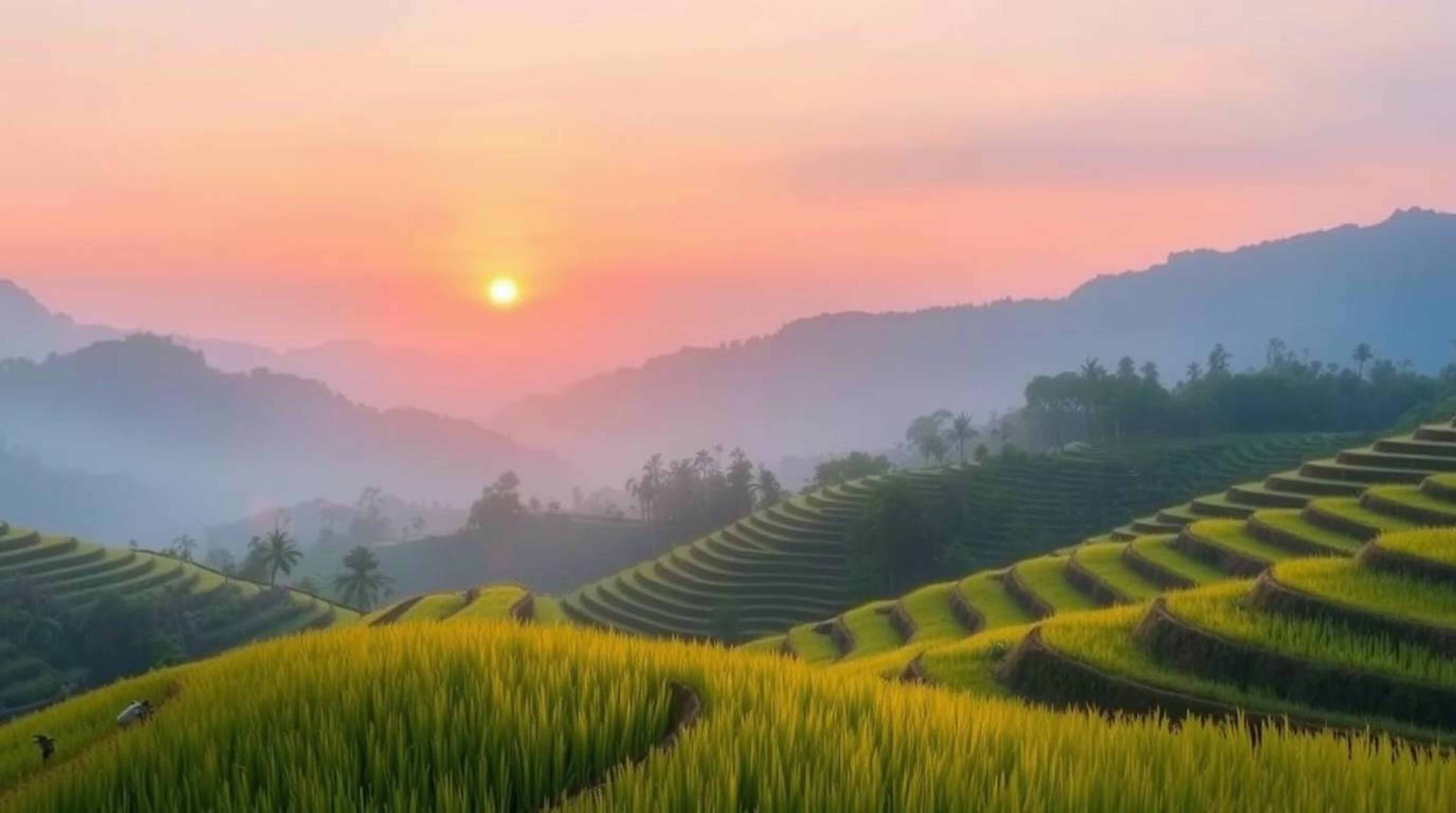 Experience the serenity of a pastel painting depicting a gentle and soothing sunset over rice terraces nestled in the mountai