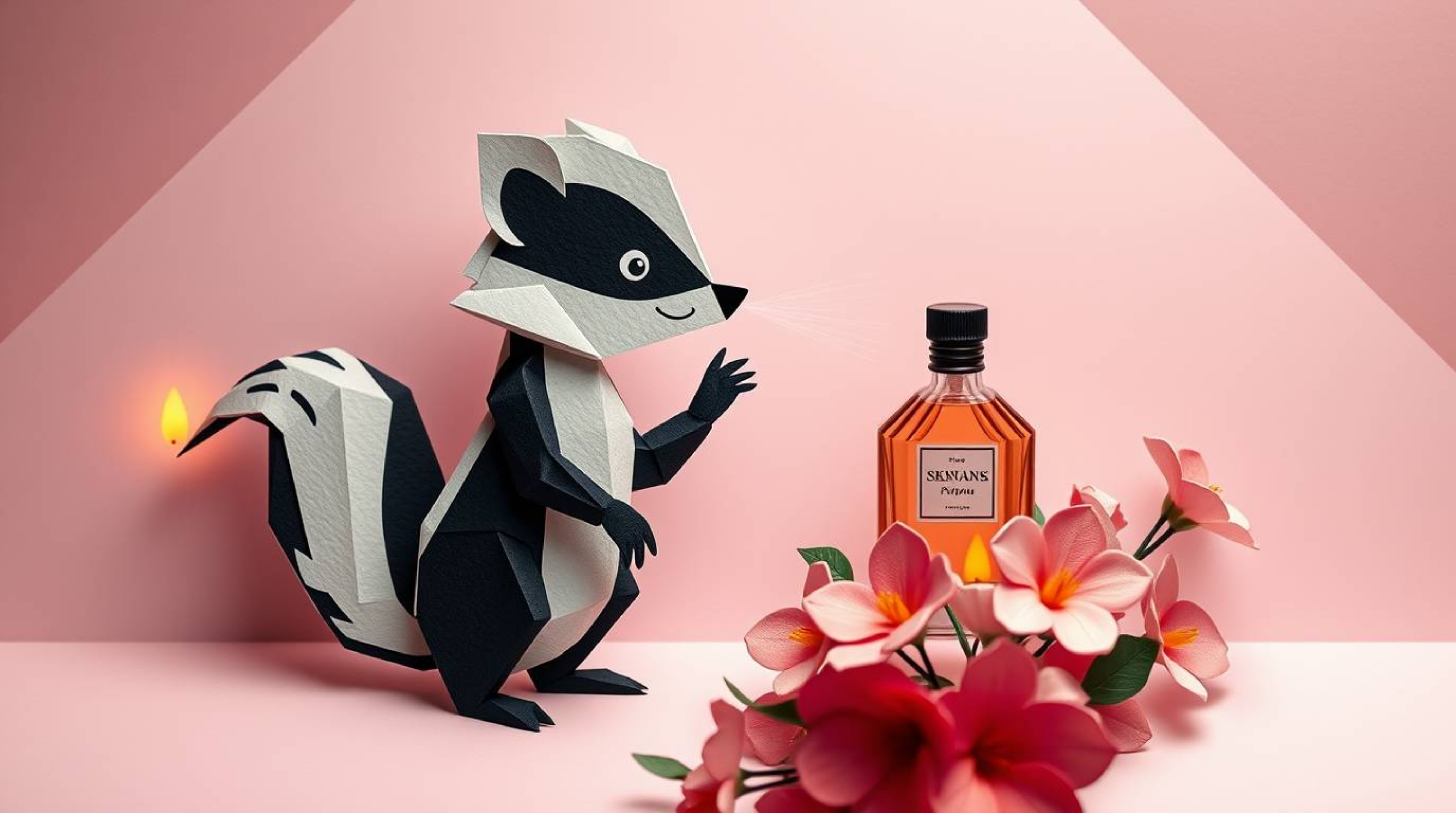 This image depicts a whimsical cartoon skunk rendered in an intricate origami style, delicately spraying perfume on vibrant f