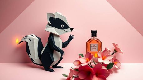 This image depicts a whimsical cartoon skunk rendered in an intricate origami style, delicately spraying perfume on vibrant f