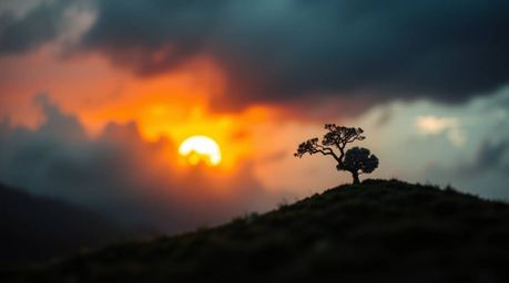 A captivating image showcasing a lone tree silhouetted against a fiery sunset, featuring a blurred bokeh effect and intense d