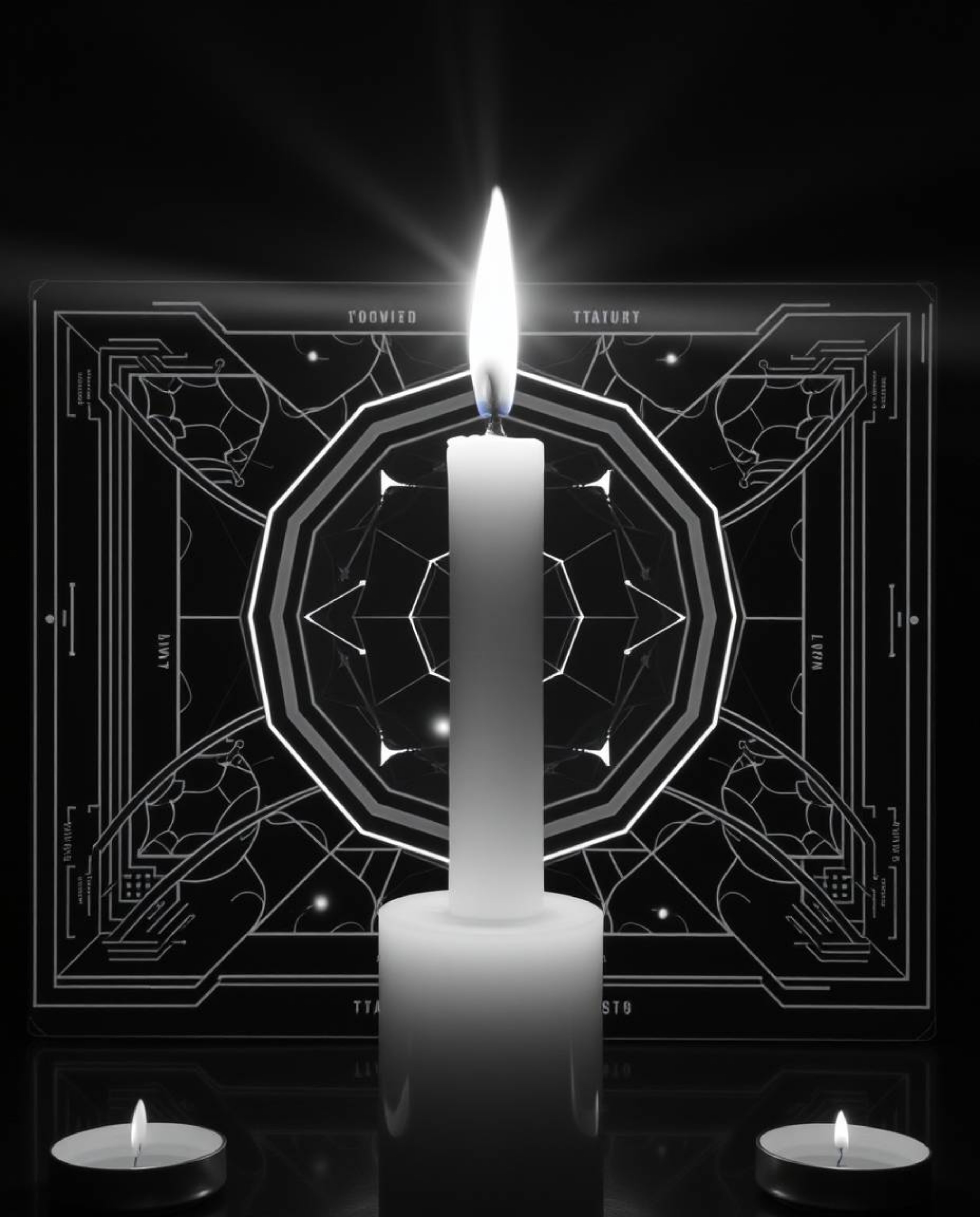 A captivating blend of classic and futuristic, this black and white photograph features warm candlelight illuminating a digit