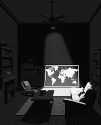 A timeless and elegant illustration features a classic black and white design depicting a glowing map projected in the air wi