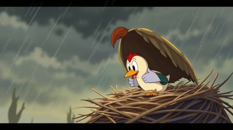 Two cartoon birds are diligently building a nest in a charming classic animation style, rendered in soft pastel colors. The