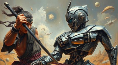 A dynamic and dreamlike surreal oil painting captures a thrilling battle between a samurai with sharp features and tan skin a