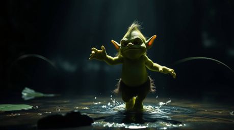 A captivating image featuring an adorable ogre dancing joyfully in a swamp setting. The scene utilizes high-contrast, low-key