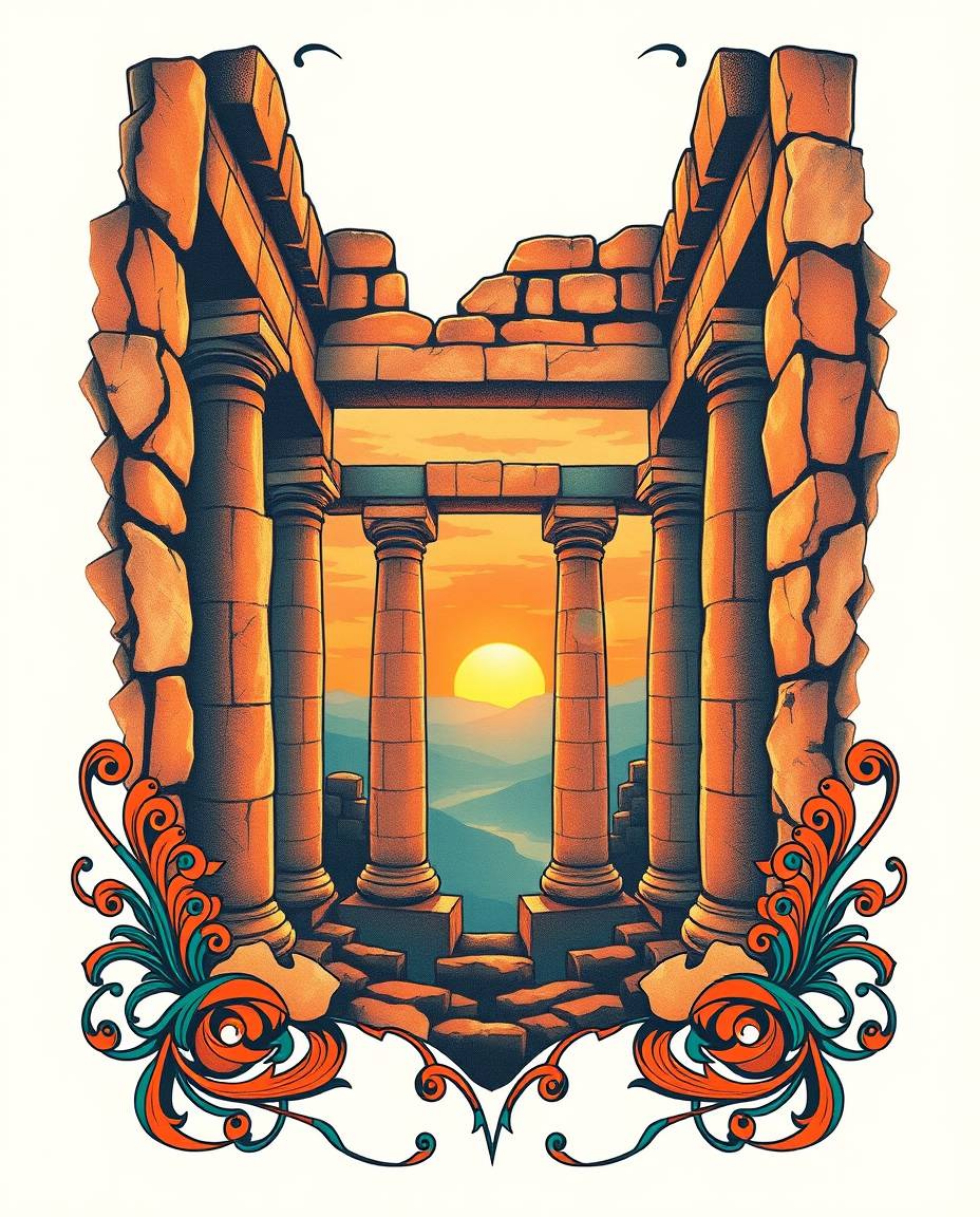 A traditional tattoo art print showing sunset shadows moving through ancient stone ruins. The design uses warm terracotta and