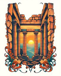 A traditional tattoo art print showing sunset shadows moving through ancient stone ruins. The design uses warm terracotta and
