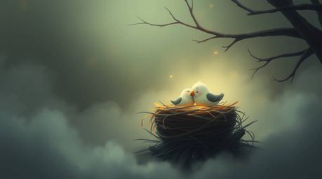 This digital painting evokes a spiritual and mystical feeling through its depiction of two cartoon birds building a nest in a