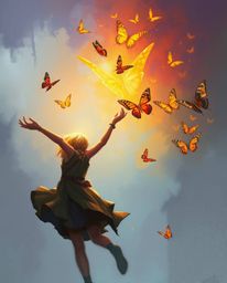 A dynamic digital sketch depicts a girl releasing butterflies, rendered with loose, painterly strokes and a captivating blend