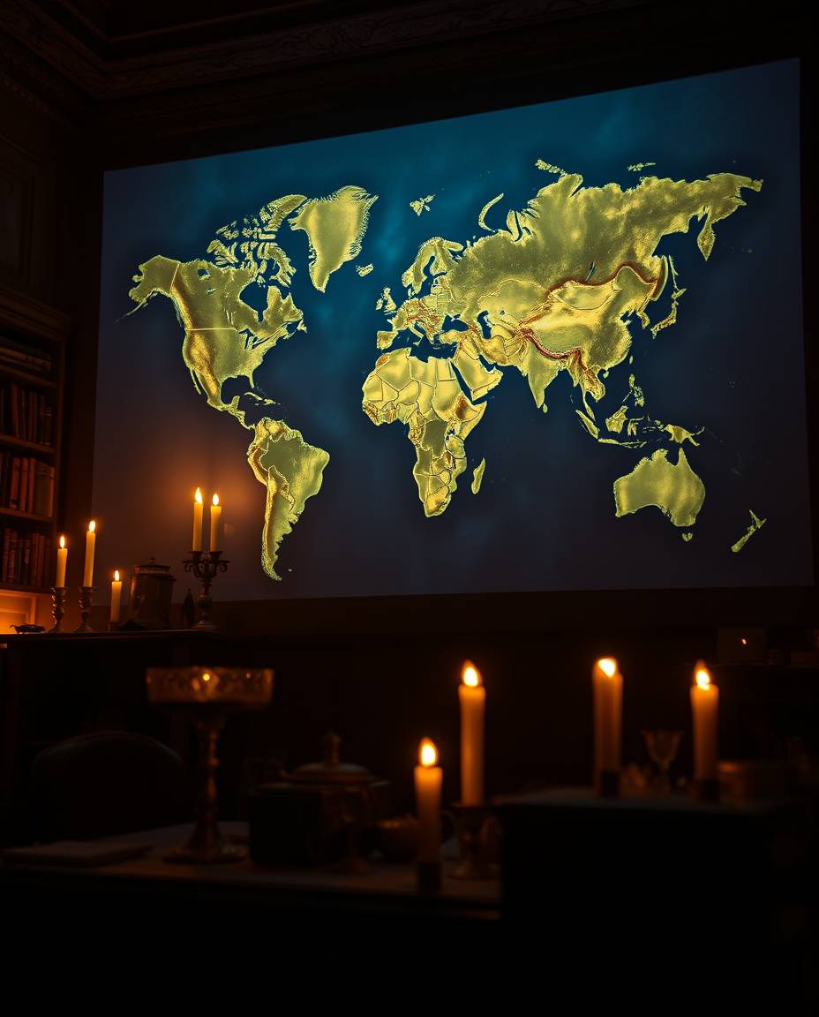 Experience the mesmerizing blend of technology and classic ambiance with a glowing holographic map projected in a dimly lit o