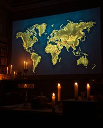 Experience the mesmerizing blend of technology and classic ambiance with a glowing holographic map projected in a dimly lit o