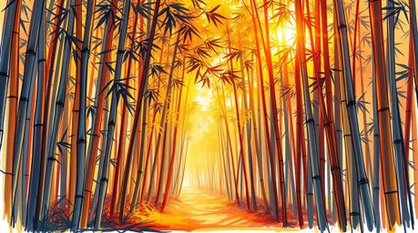 This captivating artwork features a hand-drawn sketch of a bamboo forest bathed in the warm, radiant light of a sunset. Rende
