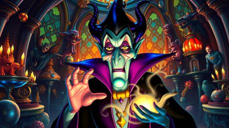 A classic Disney villain with exaggerated features and iridescent skin casts a spell within a surreal castle.  The scene is f